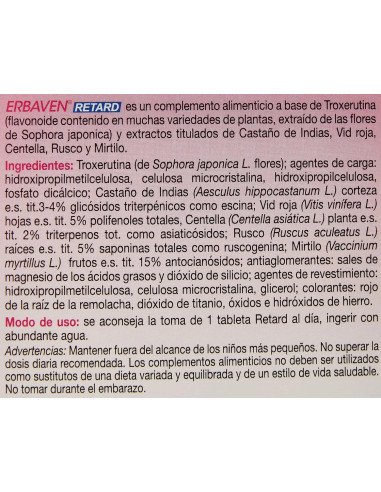 ESI Erbaven Retard 30 tabletas | Etiqueta